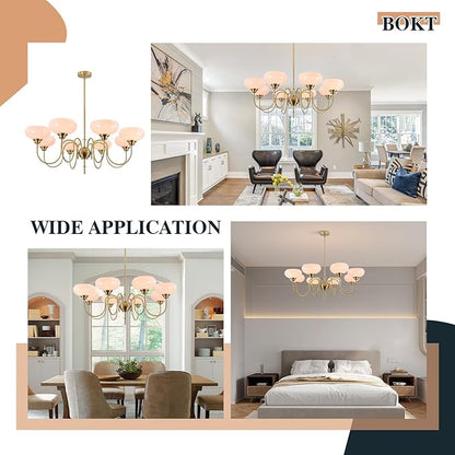 BOKT Gold Mid Century Chandelier Over Table 8-Light Pink Flush Mount Ceiling Light Fixture Kitchen Adjustable Height Ceiling Hanging Light Pink Globe Glass Chandelier for Dining Room Bedroom
