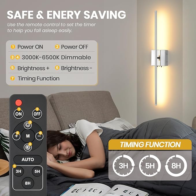 LED Wireless Battery Operated Wall Sconces, 11000mAh Rechargeable Chrome Wall Lights with Remote Control, 350°Rotate Dimmable Wall Lamp, 3 Color Temperatures, for Bedroom Living Room Hallway, 1 PCS