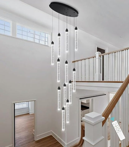 12-Lights Modern Chandeliers for Entryway High Ceiling Chandelier LED Dimmable Long Lights Fixture Pendants Lighting Crystal Chandeliers for Hallway Foyer Living Room Black Finished Lighting