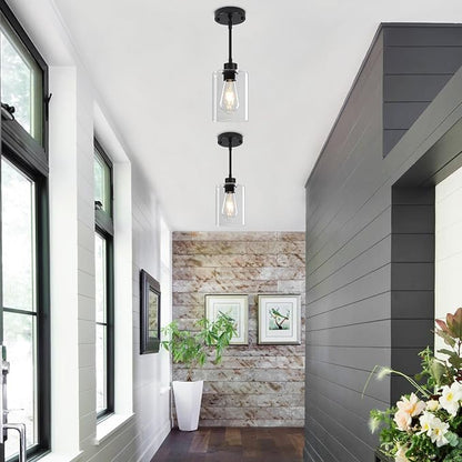 2 Pack Black Pendant Lights Kitchen Island, Modern Glass Pendant Lighting Over Island Kitchen Hanging Dining Room Light Fixtures Adjustable Pendant Lights for Bathroom Hallway Entryway Bedroom