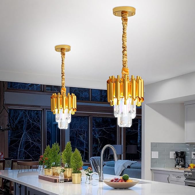 Modern Gold Crystal Chandelier 2-Tier Round Pendant Lighting Light Fixture Chandelier for Kitchen Island Entryway Bathroom BedHead Bedroom