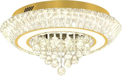 Modern Crystal Chandelier for Living Room, Modern Led Dimmable Gold Ceiling Light with Remote Control, 24in Flush Mount Crystal Chandeliers for Dining Room