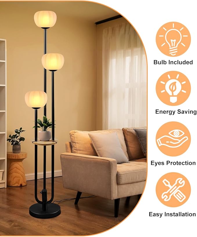Black Floor Lamp Dimmable Modern Floor Lamps with Pumpkin Lampshade & Table, 3000K Soft Warm White Bulbs Included, 3-Light Tall Standing Lamp with 5Lbs Heavy Base for Living Room/Bedroom