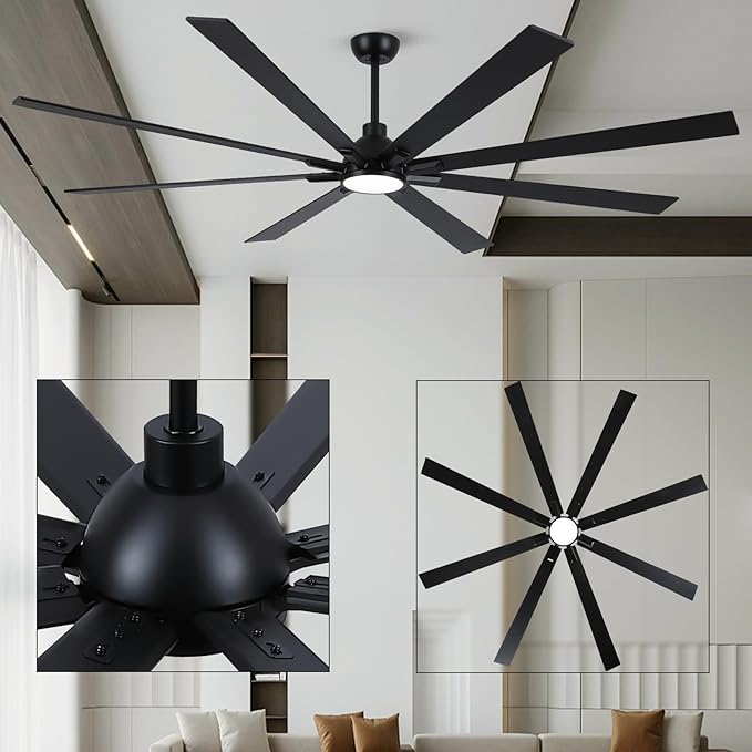 84 Inch Ceiling Fans with Lights and Remote, Black Large Ceiling Fan for Bedroom Living Room Indoor/Outdoor, 6 Speed Reversible DC Motor, 3CCT, Downrod, Dual Color 8 Blades, ETL Listed