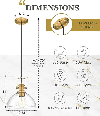 Pendant Lights Kitchen Island, 10.5" Farmhouse Pendant Lighting with Clear Seeded Glass Shade, Vintage Hanging Light Fixtures for Dining Room, Brushed Gold, AD-22151-1PL-GD