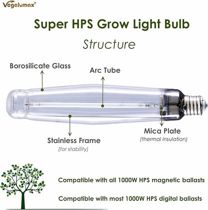 1000Watt Hydroponic High Pressure Sodium HPS Grow Light Bulb Lamp,High PAR Enhanced Red and Orange Spectrums,CCT 2100K,Ultra Bright 140,000 Lumens,E39 Base,1pack