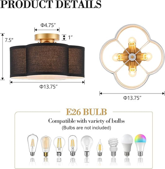VILUXY Black Semi Flush Mount Ceiling Light Fixture, 4-Light Modern Ceiling Light with Linen Fabric Shade Farmhouse Drum Close to Ceiling Light for Bedroom Hallway Nursery Entryway, UL Listed