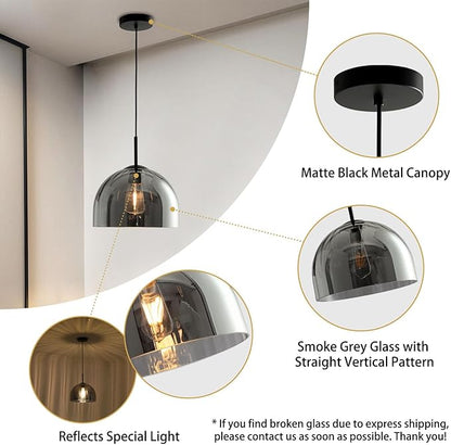Modern Dome Pendant Lighting Fixtures, 11.8 Inch Large Dome Boho Chandelier, Rustic Farmhouse Industrial Hanging Lamp Ceiling Lights with Grey Glass Bell Lampshade for Kitchen Island