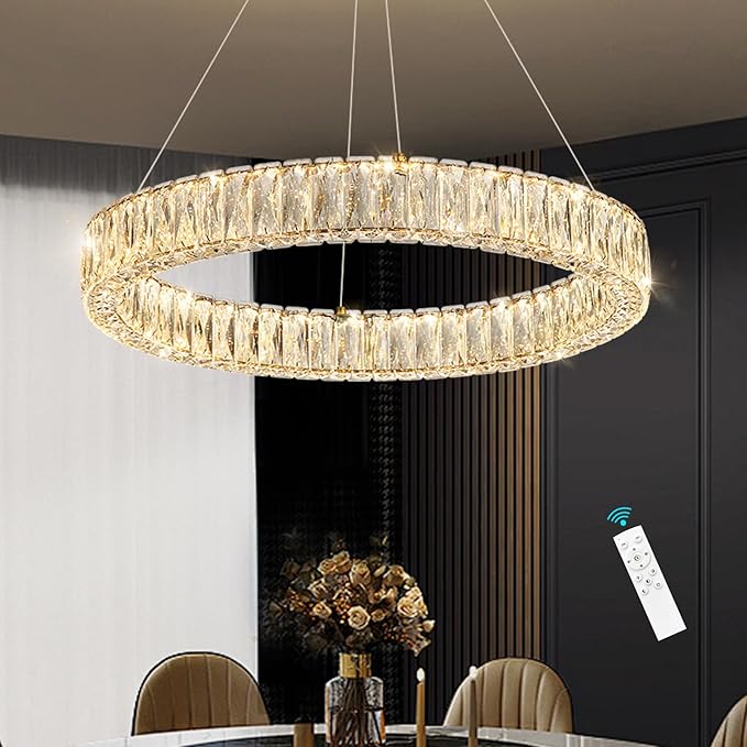 HAIXIANG Modern Crystal Chandelier Dimmable LED Ring Pendant Lights Adjustable Glam Chandeliers Lighting Fixtures for Dining Room Living Room Bedroom Gold Light