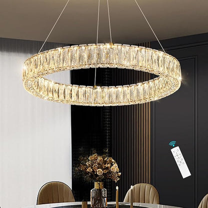 HAIXIANG Modern Crystal Chandelier Dimmable LED Ring Pendant Lights Adjustable Glam Chandeliers Lighting Fixtures for Dining Room Living Room Bedroom Gold Light