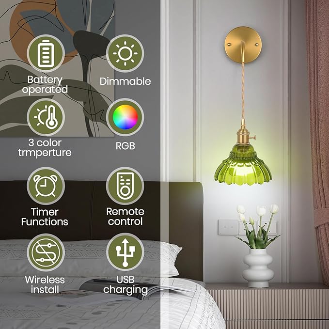 Vintage Wall Sconce Set of Two, Battery Operated Wall Sconces with Green Glass Lampshade, Wireless Wall Sconces with Remote, Rechargeable Wireless RGB Wall Lights for Bedroom Living Room etc
