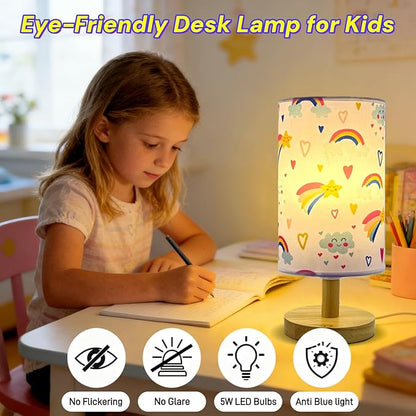 Rainbow Lamp for Girls Bedroom,Gifts for Girls-3 Color Modes Nightstand Night Light Lamp,Wood Base Flaxen Fabric Shade Desk Reading Lamp for Bedroom Living Room Office Christmas Gifts for Girl
