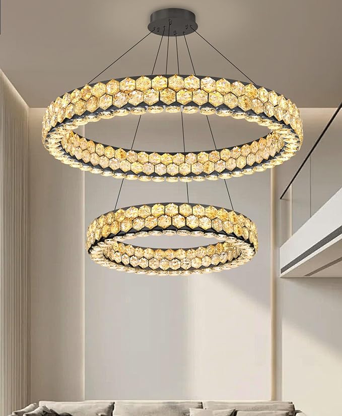 2 Rings Crystal Chandeliers for Dining Room for Living Room Bedroom High Ceiling Light Fixture LED Dimmable with Remote Ring Lights Black
