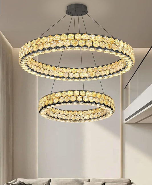 2 Rings Crystal Chandeliers for Dining Room for Living Room Bedroom High Ceiling Light Fixture LED Dimmable with Remote Ring Lights Black