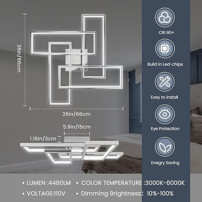 Dimmable Modern LED Ceiling Light, 4-Square Modern Ceiling Lighting for Living Room with Remote Control 26In Chrome Bedroom Ceiling Lights Fixures for Kitchen, Bathroom, Dining Room