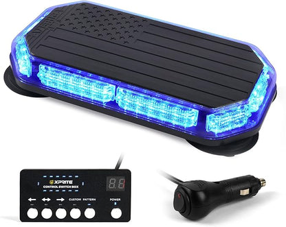 Xprite Blue Rooftop Emergency Strobe Light Bar, US Flag Beacon Safety Flashing Police Lights w/Control Panel Magnetic Base for Police Law Enforcement POV Vehicles Trucks