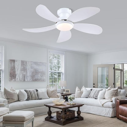 PHORUS 42" White Low Profile Ceiling Fans with Lights and Remote, Small Modern Flush Mount Ceiling Fans with Quiet Reversible DC Motor, Dimmable 3 Colors 6 Speeds