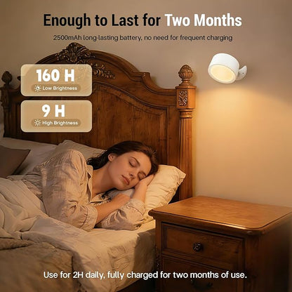 LED Wall Lights, [160H Battery Operated] Wireless Rechargeable Mounted, 3 Color & 4 Brightness Level & 360°Rotate & Touch or Remote, Wall Sconces for Reading Bedroom(White,Set of 2)