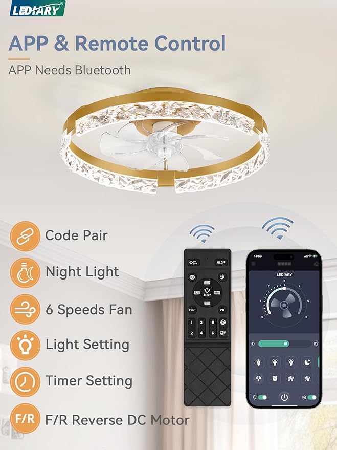 LEDIARY 2 Pack 20 Inch Ceiling Fans with Lights and Remote, Fandelier Modern Low Profile Ceiling Fan, 3000K-6000K Dimmable LED Fan Light, Gold Flush Mount Ceiling Fans with Lights for Bedroom