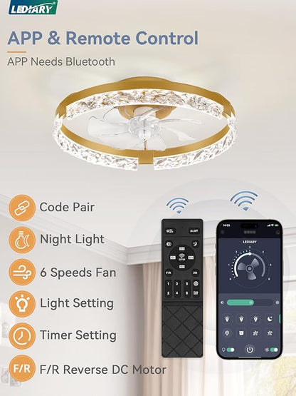 LEDIARY 2 Pack 20 Inch Ceiling Fans with Lights and Remote, Fandelier Modern Low Profile Ceiling Fan, 3000K-6000K Dimmable LED Fan Light, Gold Flush Mount Ceiling Fans with Lights for Bedroom