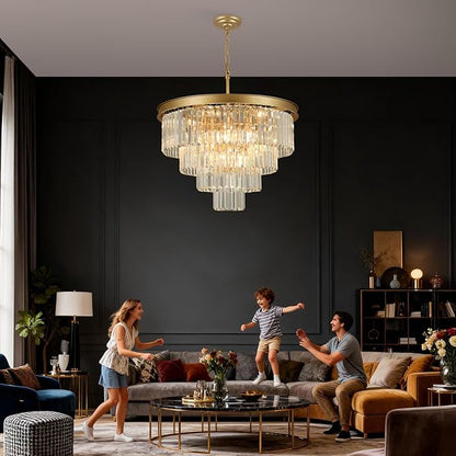 Crystal Chandeliers for Dining Room Lights Fixture Over Table, 15 Lights Gold Modern Chandeliers for Living Room, 4-Tier Round Crystal Lighting Fixtures for Bedroom Entryway Kitchen Island D24 Inch