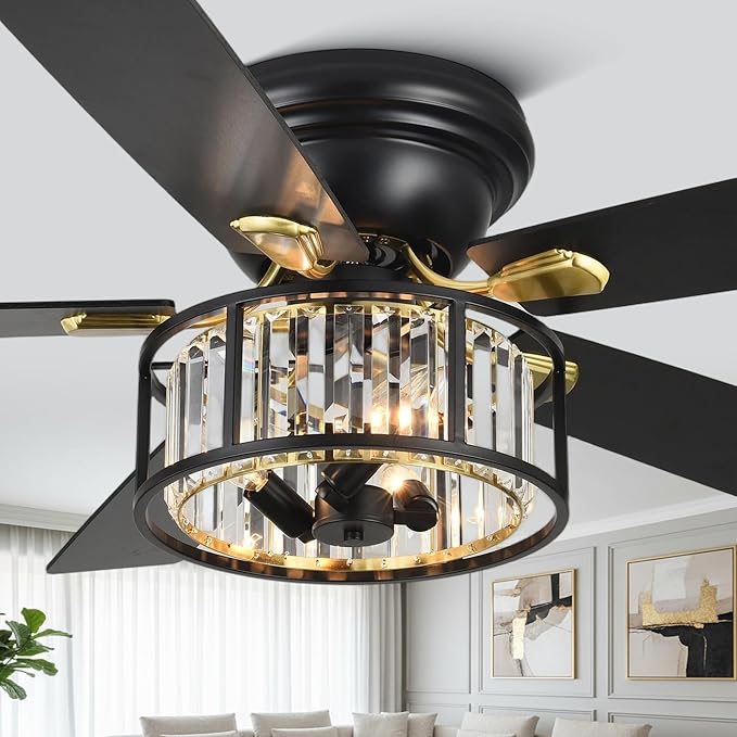 52" Crystal Farmhouse Ceiling Fan with Lights and Remote,Flush Mount Ceiling Fan,Chandelier with 5 Reversible Blades,3 E12 Base Lights,Quiet Motor for Living Room,Dining Room,Bedroom