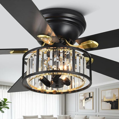 52" Crystal Farmhouse Ceiling Fan with Lights and Remote,Flush Mount Ceiling Fan,Chandelier with 5 Reversible Blades,3 E12 Base Lights,Quiet Motor for Living Room,Dining Room,Bedroom