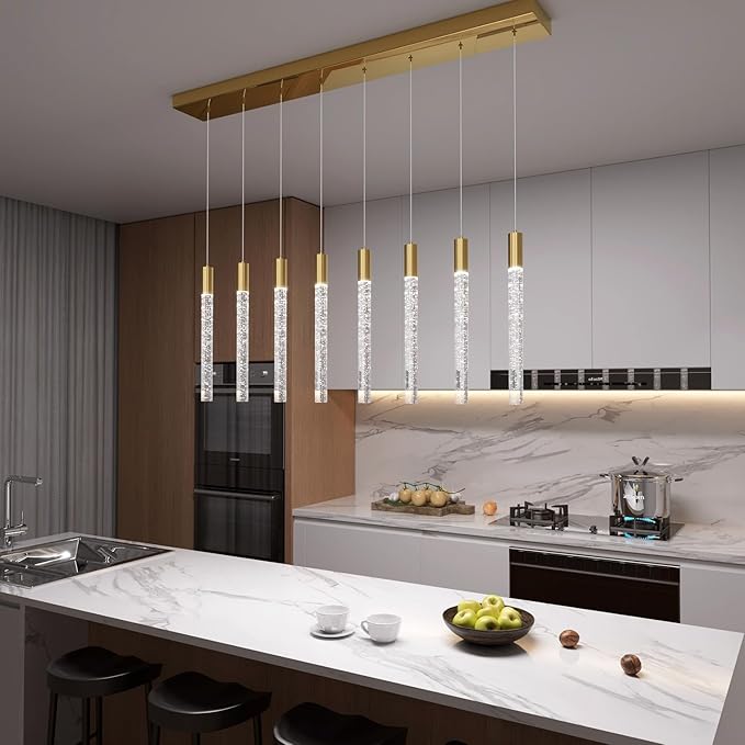 8-Light Gold Rectangular LED Chandelier, Bubble Crystal Column Chandeliers, Modern Dimmable Adjustable Height Hanging Light for Kitchen Island, Over Dining Room Table