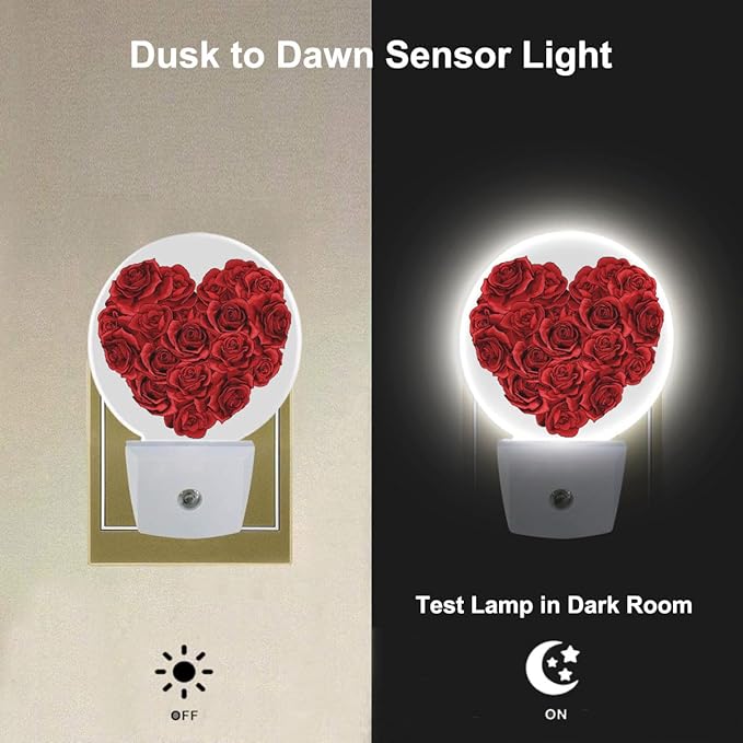 Rose Night Light Rose Flowers in Heart Shape Valentine's Day Night Lights Plug into Wall for Boys Girls, Plug-in Nightlight 0.5W LED Lighting for Stairway Hallway Bedroom