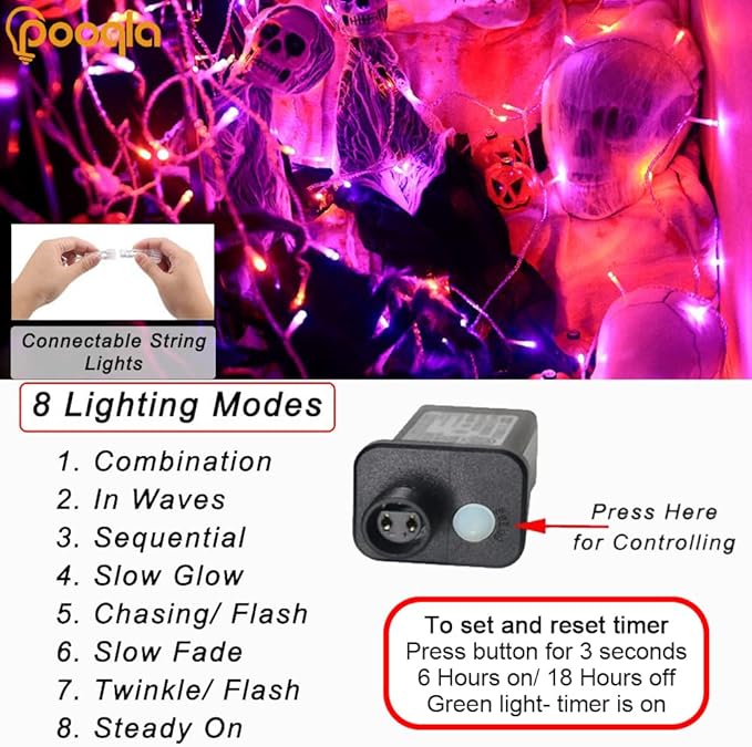 Pooqla Halloween Purple and Orange String Lights, 200 LED Green Wire Indoor and Outdoor Lights
