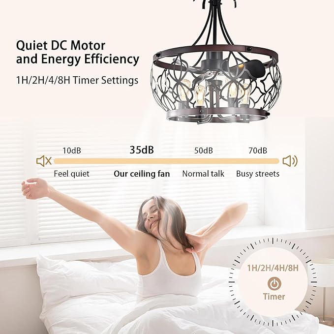 Garwarm 21 inch Ceiling Fans with Lights,Black Industrial Caged Flush Mount Ceiling Fans with Remote,Rustic Chandelier Ceiling Fan for Dining Room Bedroon Kitchen, 6 Speed Timing