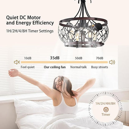 Garwarm 21 inch Ceiling Fans with Lights,Black Industrial Caged Flush Mount Ceiling Fans with Remote,Rustic Chandelier Ceiling Fan for Dining Room Bedroon Kitchen, 6 Speed Timing