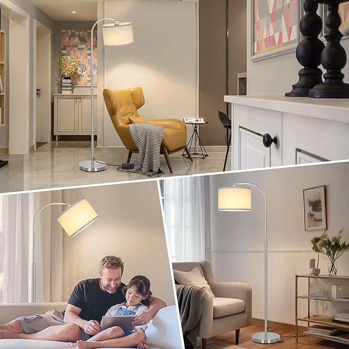 Arc Floor Lamp, Dimmable Floor Lamp for Living Room, Standing Lamp with Adjustable Drum Shade, Tall Pole Lamp for Bedroom Study Room Office, 9W 3000K LED Bulb Included