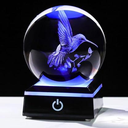 Arikyrist 3D Crystal Ball Hummingbird Figurine with LED Base, Hummingbird Gifts for Women Men on Christmas Birthday, Hummingbird Ornament Glass Decorative Ball for Home Decor (80mm)