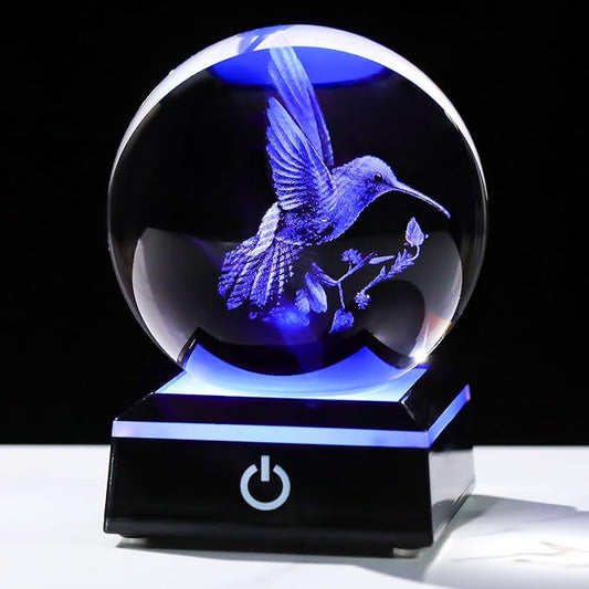 Arikyrist 3D Crystal Ball Hummingbird Figurine with LED Base, Hummingbird Gifts for Women Men on Christmas Birthday, Hummingbird Ornament Glass Decorative Ball for Home Decor (80mm)