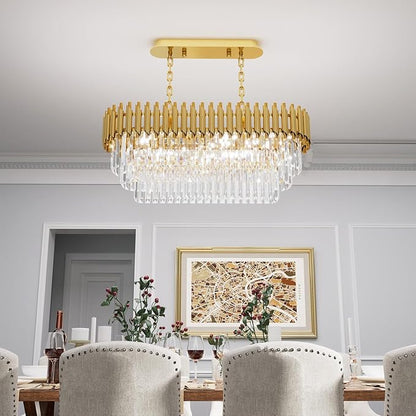 31.5" 8-Light Gold K9 Crystal Chandelier, Luxury Rectangular Raindrop Pendant Light with Adjustable Chain, Hanging Chandeliers for Dining Room, Kitchen Island, Living Room