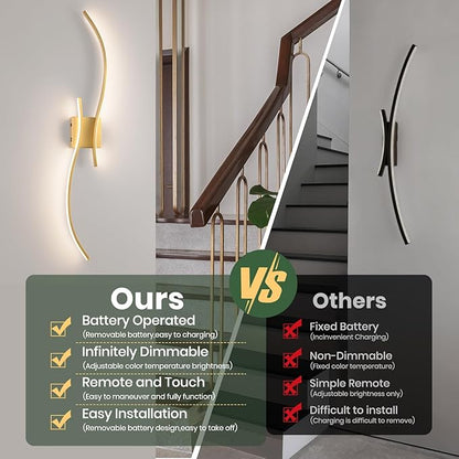 CANEOE Battery Operated Wall Sconce Set of 2, 18000mAh Gold Rechargeable Wall Lights with Remote Control,3000K-6000K Dimmable LED Wireless Wall Light for Living Room Bedroom Hallway,39.3 Inch (Gold)