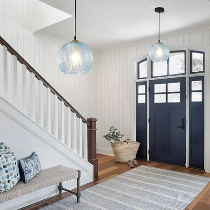 Blue Glass Pendant Light, Single Large 9.8-Inch Globe Shade Hanging Chandelier, Hand Blown Glass Ball Pendant Light Fixtures for Kitchen Island, Staircase, Dining Room, Living Room, Bedroom