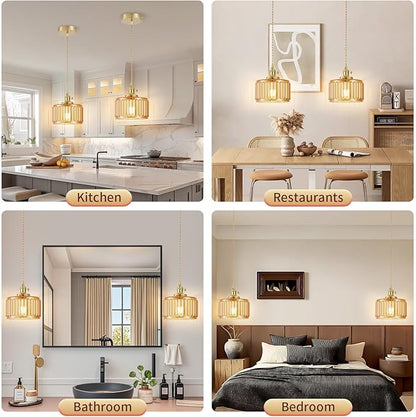 WimiSom 2 Pack Industrial Pendant Lighting, Modern Glass Shade Farmhouse Adjustable Hanging Light Fixtures for Kitchen Island Living Room Bedroom Hallway, Brown