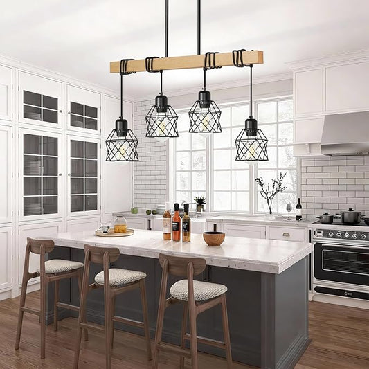 4 Light Farmhouse Kitchen Island Lighting,Dining Room Light Fixture,Adjustable Height Pendant,Real Wood and Black Metal Cage Chandelier for Kitchen,Dining Room