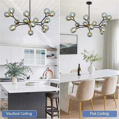 Depuley Glass Globe Sputnik Chandelier: 15-Light Modern Matte Black and Gold Ceiling Light Fixture - Vintage Hanging Chandeliers for Living Room Kitchen Dining Room Bedroom (Included G9 Bulbs)