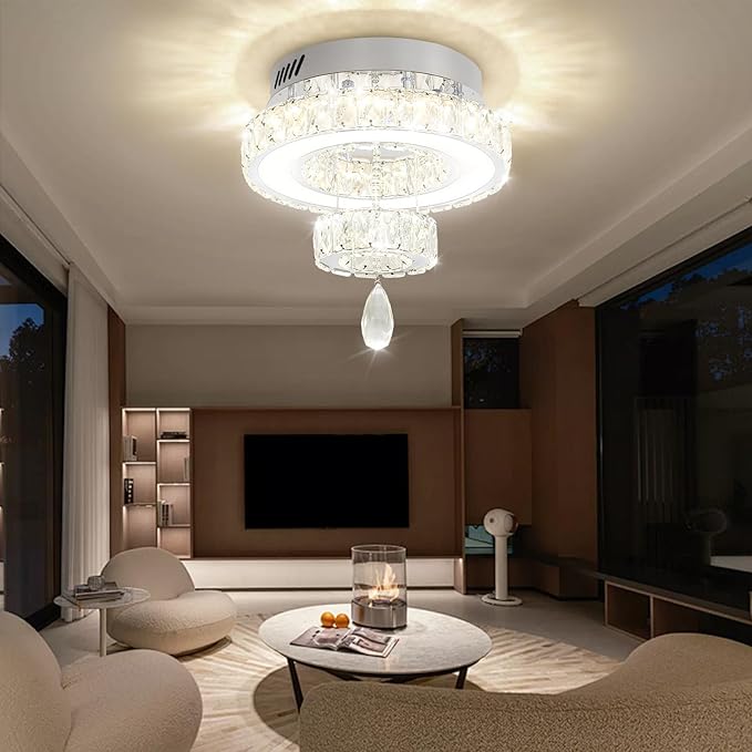 Flashing God 12" Modern Crystal Chandeliers Flush Mount Ceiling Light Silver Chandelier for Hallway LED Dimmable Mini Chandelier for Dining Room Living Room Bedroom