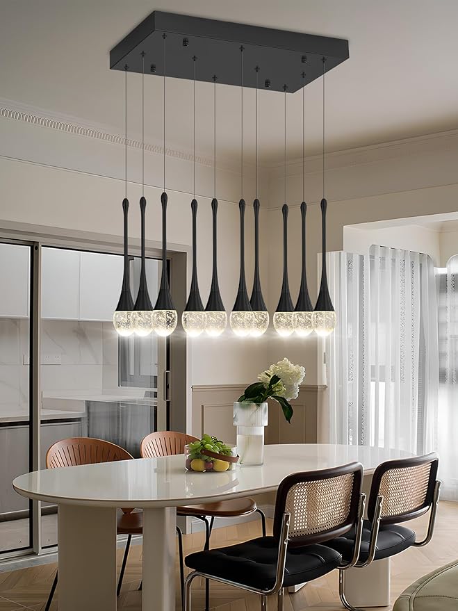 ykolupty Rectangular Chandeliers for Living Room Black Dining Room Lights Fixture Raindrop Pendant Lights Kitchen Island Crystal Chandelier for Staircase Hallway Foyer Entryway