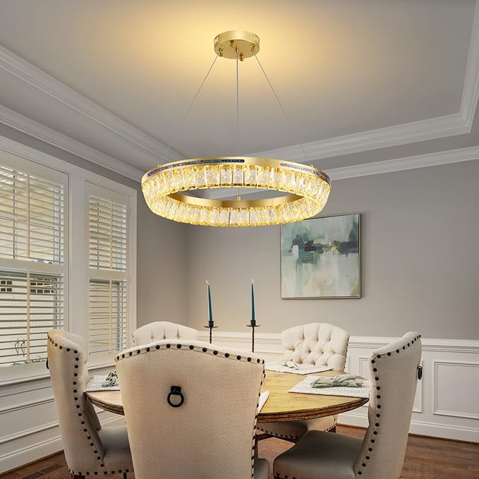 Modern LED Crystal Chandelier Brass Round Dimmable Gold Chandelier Light Fixture 3 Colors Pendant Ceiling Light for Dining Room Living Room Kitchen Island Entryway Foyer Bedroom Bathroom D22''