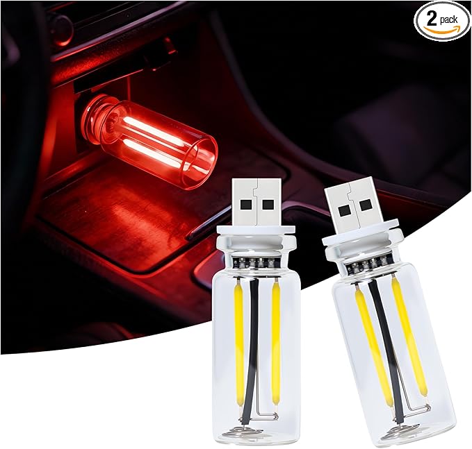 2 Packs USB Light for Car, Touch Dimmable Car Interior Ambient Lights - Portable Mini USB LED Light Bulb, Retro Glass Bottle Night Light for Vehicle, Bedroom, Hallway, Camping (Red)