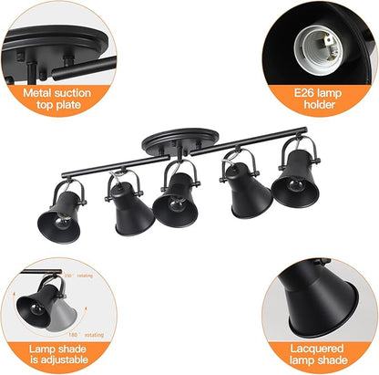 KEESFU 5-Light Track Lighting Kit,Black Semi Flush Mount Ceiling Light with 5 Rotatable Light Heads,Modern Accent Lighting for Livingroom,Bedroom,Hallway,Art Wall,Bathroom,Kitchen.(5-Light)
