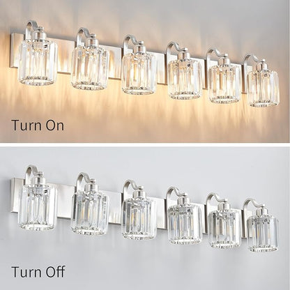 Crystal Bathroom Lighting Fixtures Over Mirror, 6 Light Brushed Nickel Vanity Light, Modern Bath Wall Sconce Lighting for Bedroom Living Room (Exclude Bulb)