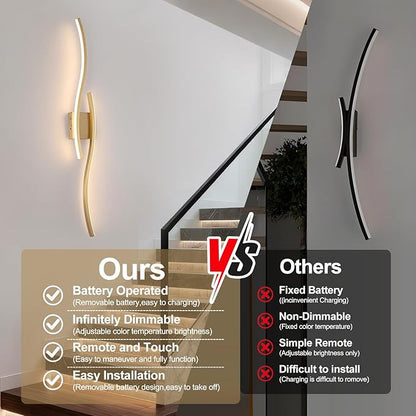 Modern LED Wall Sconce Set of Two, Dimmable Battery Powered Wall Sconces, 3000K-6500K Wireless Wall Light, Rechargeable Wall Lamp Indoor not Hardwired for Room Bedroom Corridor, 39.3in(Gold)