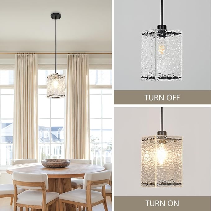 Water Ripple Glass Pendant Lights Black Pendant Lights Kitchen Island Adjustable Modern Hanging Pendant Light Fixtures for Sink Kitchen Dining Room Foyer Entryway, 3 Pack