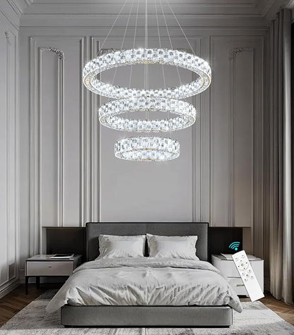 Rings LED Chandelier Modern Crystal Chandeliers Dimmable Pendant Light Fixture with Remote for Dining Room Living Room Gold